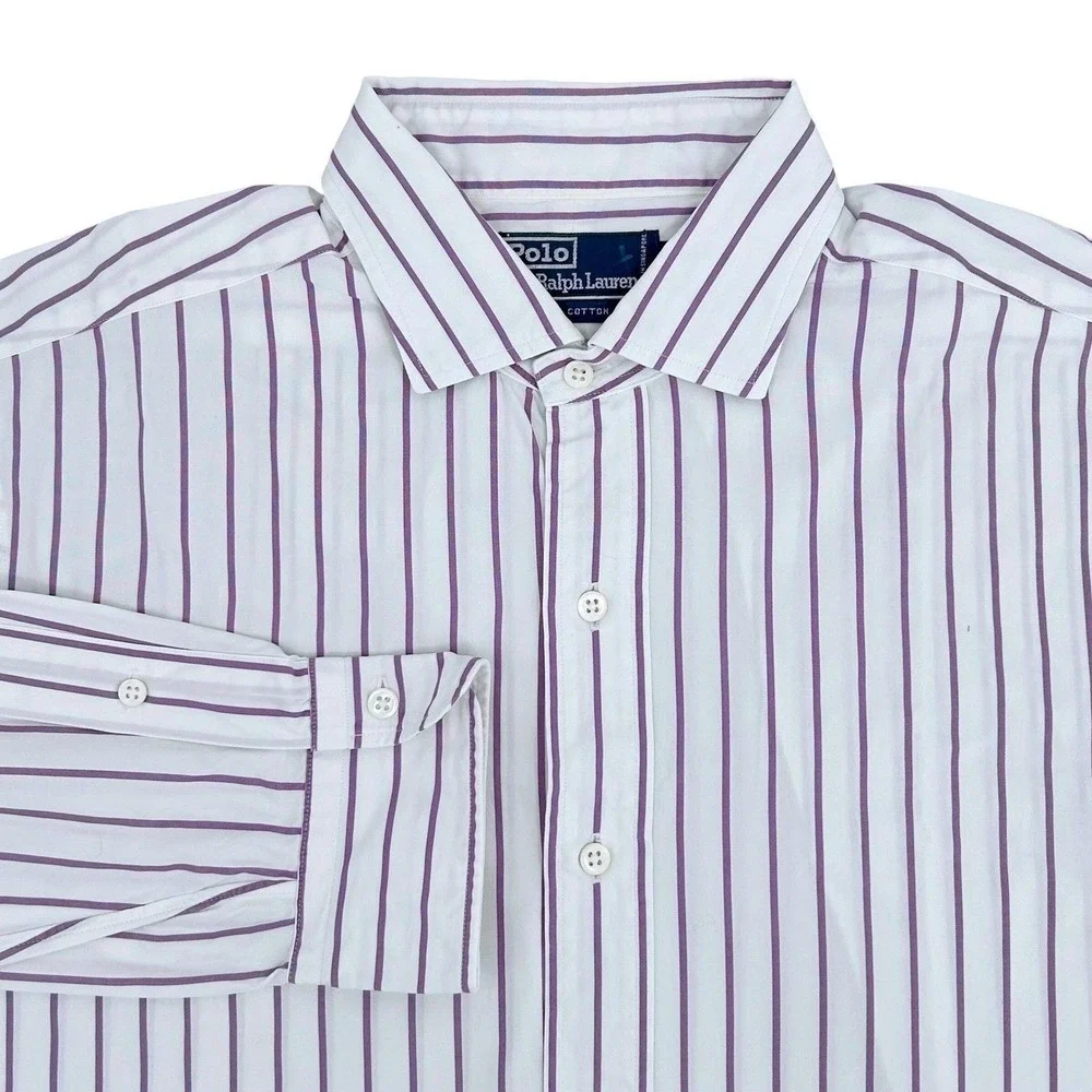 Polo Ralph Lauren Shirt Mens 16.5 White Purple Striped Classic Fit Preppy Office
